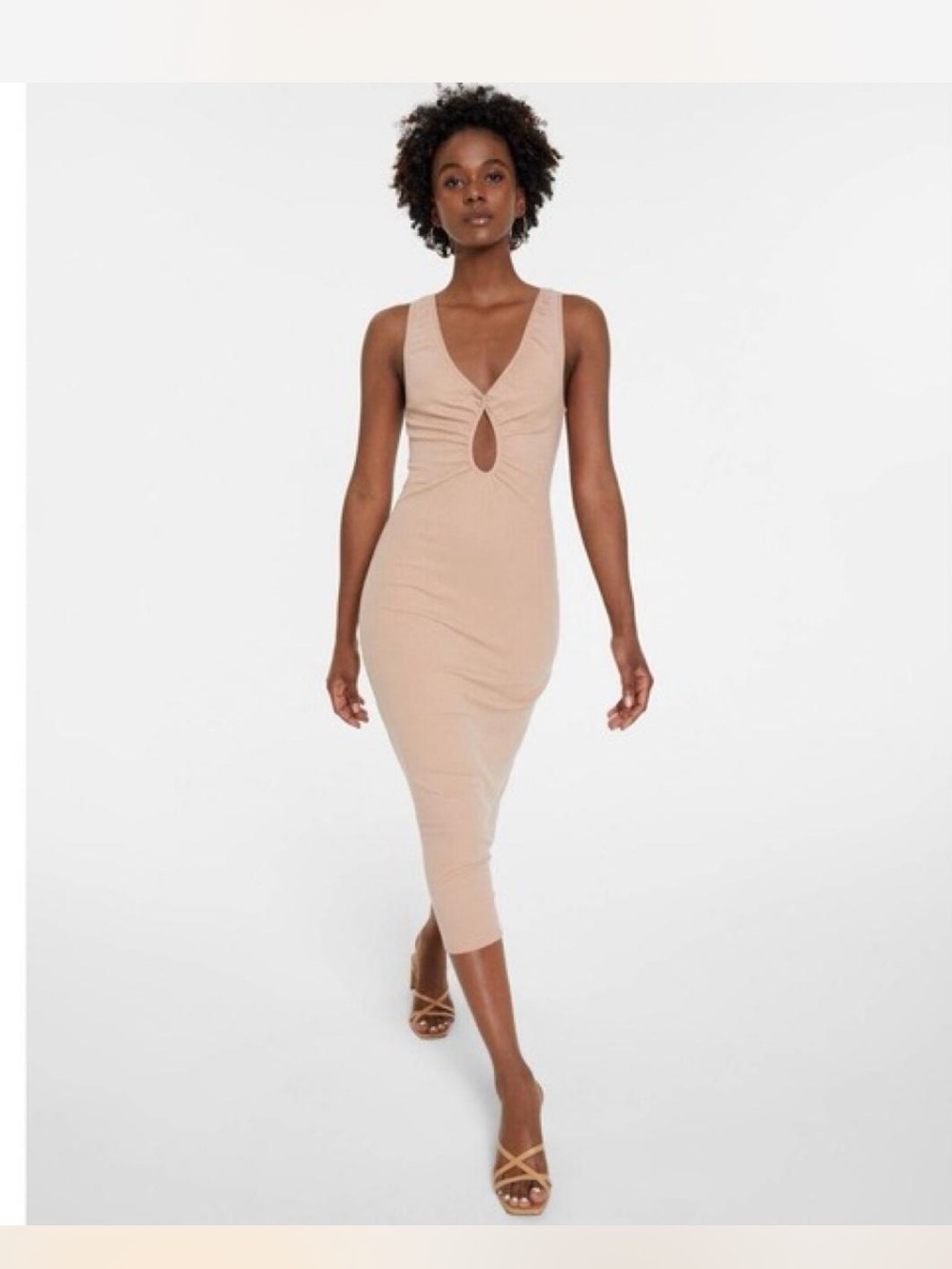 NWT Leyden Beige Sleeveless Bodycon Midi Dress with Front Keyhole